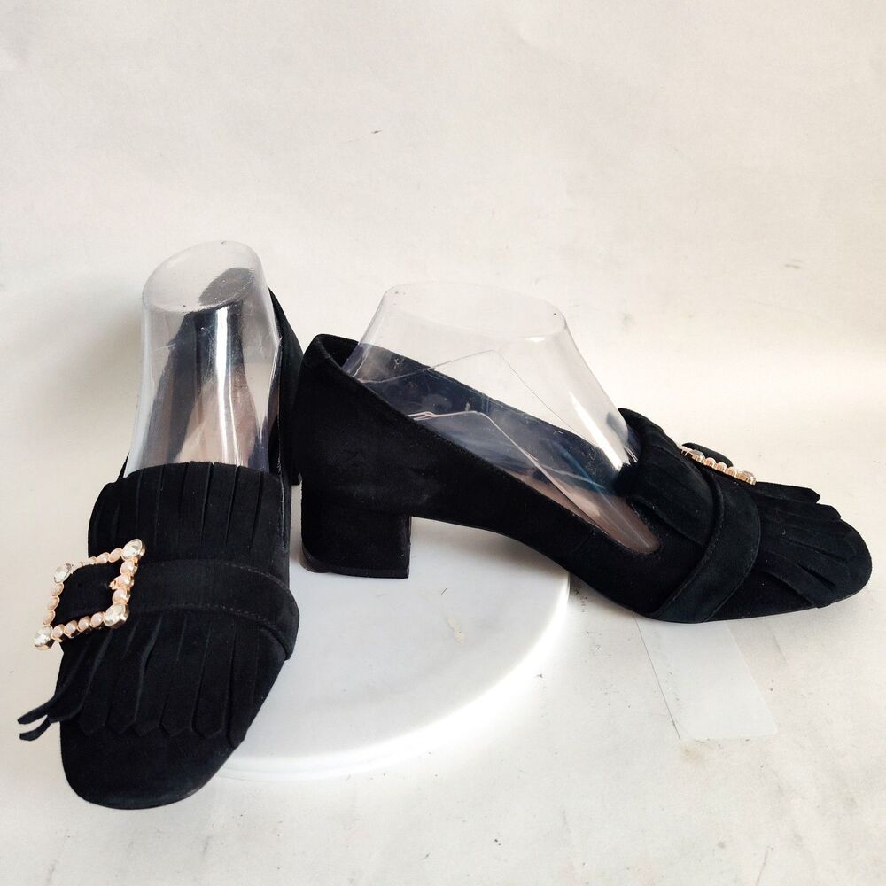 Nine West Pumps Size 8 Black Suede Leather Low Block Heels Office Kilty Pilgram - Picture 7 of 12